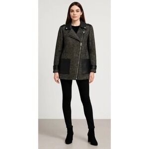 MAJE Ribiera Leather Tweed Coat Moto Inspired Pockets Zipper Size 38 US Medium
